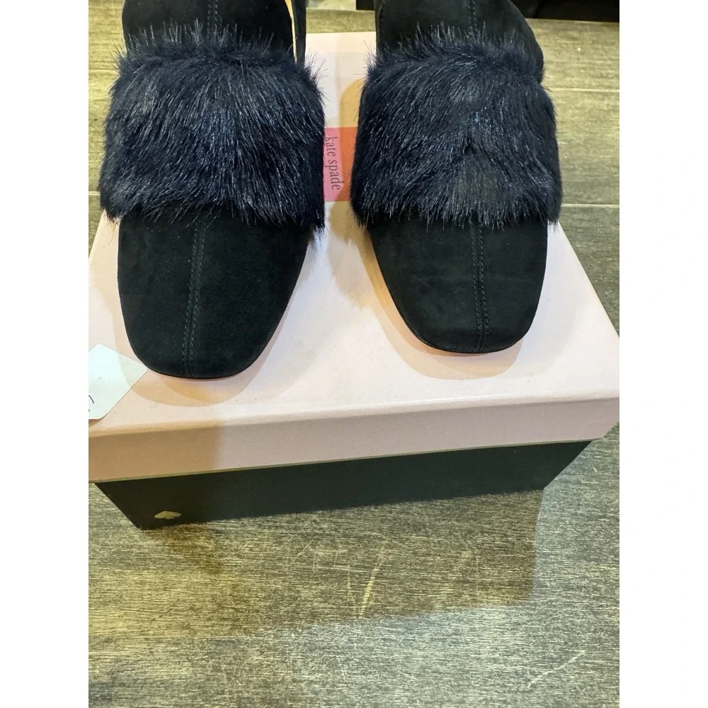 Kate Spade Gama loafers in‎ black suede with a faux fur trim Block Heel Size 8.5